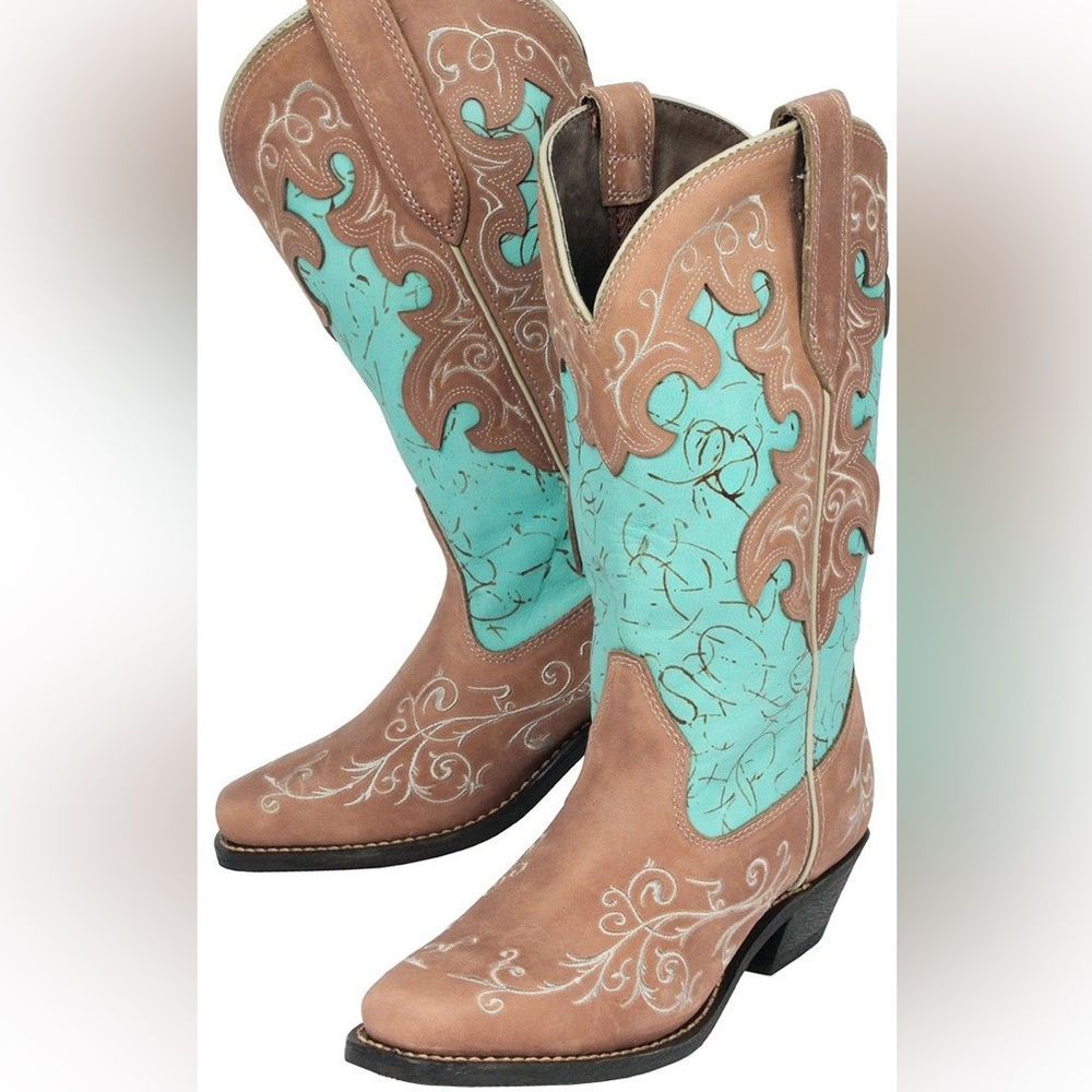 Womens RC4901 Turquoise and Tan Square Toe Boots. Double D Ranch by Old Gringo